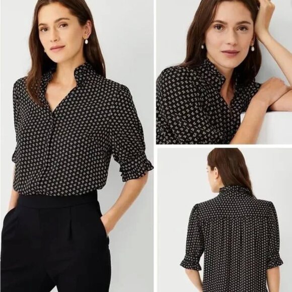 Ann Taylor Ruffle Colar Blouse - Black and White Floral Top - Size XL - Picture 1 of 13